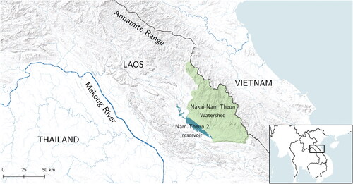 Figure 1. Location of the Nakai-Nam Theun watershed: The Nakai-Nam Theun National Park drains into the Nam Theun 2 Reservoir (center). Map by Angus Wheeler. Source: Data from NASA Shuttle Radar Topography Mission (SRTM) (2013). Shuttle Radar Topography Mission (SRTM) Global. Distributed by OpenTopography. https://doi.org/10.5069/G9445JDF.