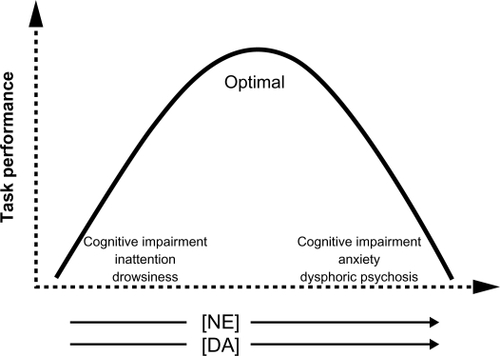 Figure 1 Norepinephrine (NE) and dopamine (DA) neurotransmission in the prefrontal cortex and executive function. NE and DA in arrows represent increasing levels of stimulation.