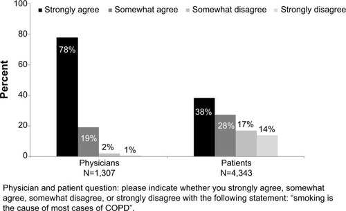 Figure 3 Comparison of physician and patient beliefs about smoking as a risk factor for COPD: Continuing to Confront COPD International Survey, 2012–2013.