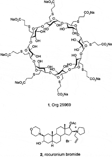 Figure 1. Schematic structures of sugammadex (Org 25969) and rocuronium. Reproduced with permission from John Wiley and Sons [Citation11]. Copyright © 2002 WILEY‐VCH Verlag GmbH, Weinheim, Fed. Rep. of Germany.