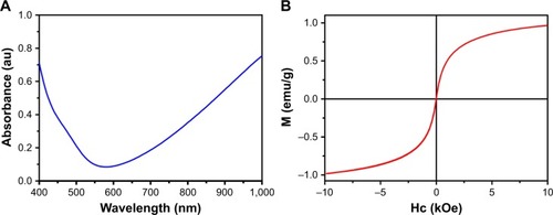 Figure 2 (A) UV-vis-NIR spectrum and (B) hysteresis loop of the obtained Cu5FeS4 cube nanoparticles.Abbreviations: Hc, coercive force Hc; M, magnetization; NIR, near-infrared; UV-vis, ultraviolet-visible.