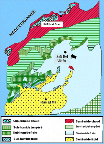 Fig. 1 Localisation géographique, étage bioclimatique de la région d’étude. La flèche noire indique la position de la région d’étude. Fig. 1. Geographical position and bioclimatic of the study region. The black arrow indicates the position of study region.