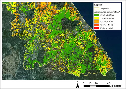 Figure 6. Combined map of accumulated number of LSA for 4 target years and the PPS installable areas.Source: Kakaomap (https://map.kakao.map) .