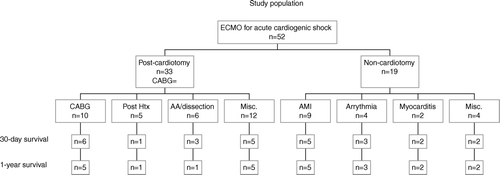 Figure 3.  Outcomes of the 52 patients with refractory cardiogenic shock supported by extracorporeal membrane oxygenation (ECMO). Post Htx = post transplant graft failure, AA = aortic aneurysm, misc = miscellaneous, AMI = acute myocardial infarction.