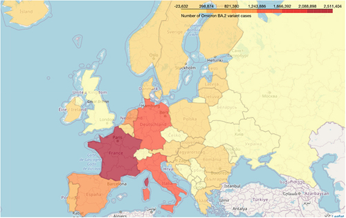 Figure 6 Map showing the sum of new BA 2 cases reported per week in different European countries from Jan. 2020 to July 2022.