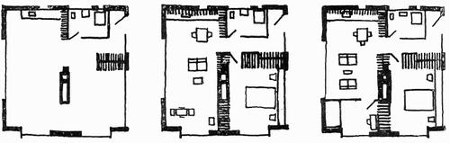 Figure 6. Candillis's dessin of the Square House in l'Architecture d'Aujourd'hui ‘evolving’ from Left to Right. Source: Candilis, “L'habitation Individuelle Minimum,” 1.