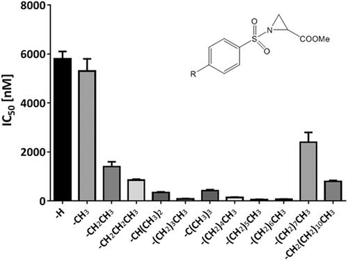 Figure 1. PDIA1 inhibiting activity of p-substituted benzosulphonamides of Az-COOMe with aliphatic chain of various lengths (from C1 to C12).