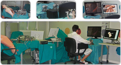 Figure 1. Overview of the Computer Guidance Module during the preliminary test session. Top left: the ARAKNES SPRINT robot approaching the synthetic anatomy. Top center: The two haptic interfaces used to tele-operate the robot. Top right: The ARAKNES visualization system, including the stereoscopic monitor displaying the live video stream from the robot stereoscopic camera, and the Computer Guidance Module display showing the virtual surgical scenario.