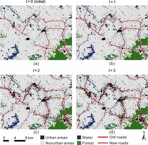 Figure 9. Simulating the reciprocal relationship between land use dynamics and transport development by coupling CA and path optimization ACO.