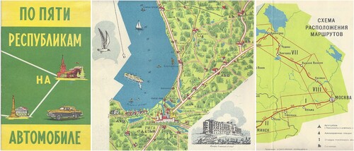 Figure 3. (a) Across Five republics by Automobile, 1968 – cover; (b) map extract showing Riga – note angle of North arrow; (c) extract from schema showing division of strips and legend.