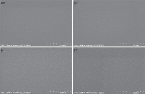 Figure 3. SEM images of the silicon thin films after e-beam exposure: (a) sputter-deposited silicon thin film; (b) sputter-deposited silicon thin film with thermal annealing; (c) PECVD silicon thin film; and (d) PECVD silicon thin film with thermal annealing.