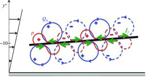 Figure 14. Schematics of the typical structures observed around thin sheets of large polymer extension (black line) in the near-wall region: second invariant of the velocity gradient tensor QA (blue), pressure p (red) and polymer body force (green). Dotted lines indicate a negative value.