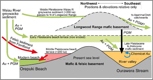 Figure 12 Summary cartoon of inferred sediment, gold and PGM sources and recycling in the vicinity of the Round Hill placer gold mine (Fig. 2). Green arrows and sediments are predominantly Waiau River greywacke detritus; red arrows and sediments are Fiordland-derived; orange sediments are locally derived. See text for explanation.