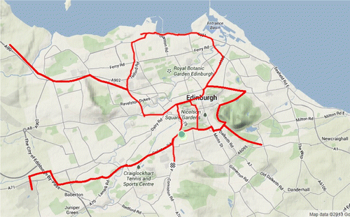 Figure 2. Route undertaken in Edinburgh Audit.Source: Map Data@2013 Google.