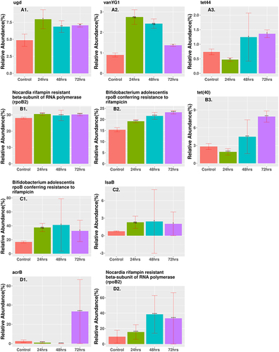 Figure 5. Relative abundance of enriched ARGs (CARD database) that are statistically significant and differentially represented after the final 72-h time point in samples treated with antibiotics. Genes were ordered based on relative abundance of the gene at the 72 h time point and the three highest abundance genes were shown. (A1 ugd, A2 vanYG1, A3 tet44) low-dose ciprofloxacin. (B1 rpoB2, B2 rpoB, B3 tet40) low-dose fosfomycin. (C1 rpoB, C2 lsaB) high-dose combination ampicillin, fosfomycin. (D1 acrB, D2 rpoB2) high-dose combination ciprofloxacin, fosfomycin. The height of each bar corresponds to the average relative abundance of the ARG for that specific timepoint. The relative abundance was calculated as the percentage of reads mapped to each ARG within the sample. Statistically significant change of relative abundance was defined as those pairwise comparisons between control and any time points with an FDR ≤ 0.05 (*FDR ≤0.05, ** FDR ≤ 0.01, *** FDR ≤ 0.001, **** FDR ≤ 0.0001). The triple combination high-dose ampicillin, ciprofloxacin, fosfomycin, triple combination low-dose ampicillin, ciprofloxacin, fosfomycin, high-dose combination ampicillin, ciprofloxacin, low-dose combination ampicillin, ciprofloxacin, and high-dose combination ciprofloxacin, fosfomycin had no genes that were statistically significant and differentially represented at the 72-h time point. Figure shows only a representative subset of ARGs that were significant at the 72-h time point.