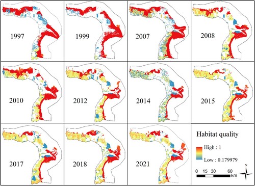 Figure 2. Maps of the quality of shorebird habitat in the Yellow River Delta between 1997 and 2021.