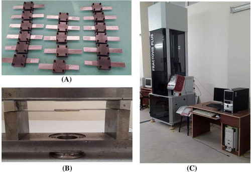 Figure 2. Experimental process: (A) bonding apparatus, (B) impact testing apparatus, (C) impact test machine.