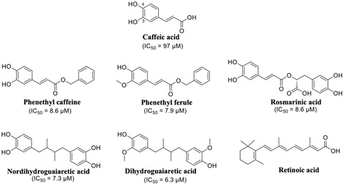 Figure 10. Chemical structures of caffeic acid, its ester derivatives, NDGA, and dihydroguaiaretic acid.