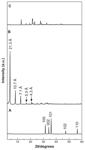 Figure 1 Powder x-ray diffraction patterns of (A) ZnO, (B) HAN, and (C) HA.Abbreviations: ZnO, zinc oxide; HAN, hippuric acid nanohybrid; HA, hippuric acid.