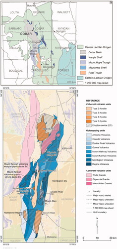 Figure 17. (a) Simplified location map of the major depocentres in the northern CLO, showing the Cobar Basin and Mount Hope and Rast troughs. Modified after Downes et al. (Citation2016). (b) Mount Hope Group volcanic rocks and possible eruption centres (EC), modified after Simpson (Citation2015b). Background geology is from Colquhoun et al. (Citation2019).