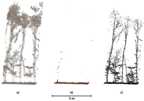 Figure 15. Data representing an area of approx. 5 × 5 m – a) LiDAR-UAV data b) DAP-UAV data c) terrestrial scanning data.