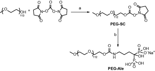 Figure 1. Synthesis scheme of PEG-Ale. Reagents and conditions: triethylamine, dichloromethane, 24 h, RT (a) and Ale sodium trihydrate, H2O, pH 9, RT (b).