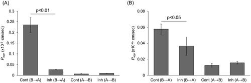 Figure 5. Inhibition of P-gp-mediated transport activity in canine colonoid-derived monolayers using PSC833.On Day 5, a P-gp transport assay was performed using Rhodamine123 (A) and Doxorubicin (B) in the presence of PSC833, a specific inhibitor of P-gp. The Papp was assessed in Basolateral to Apical (B→A) and Apical to Basolateral (A→B) direction. Control group (Cont) was treated with 0.01% DMSO and Inhibitor group (Inh) was treated with 4 µM PSC833 during transport assay. This assessment encompassed three biological replicates, each with three technical replicates. The error bars represent the standard error of the mean (SEM).