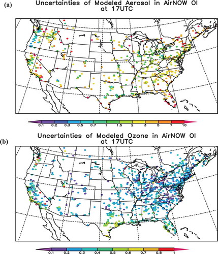 Figure 2. Dynamic relative uncertainties for AIRNow OI used in OI4 case at 17 UTC: (a) aerosol and (b) ozone.