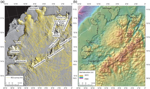 Figure 2. Current knowledge of bed topography in WDML. (a) Survey line locations (yellow) used in BEDMAP2 bed topography (CitationFretwell et al., 2013). Note the relatively sparse data over the Borg Massif, Kirwan Escarpment and Vestraumen; (b) Corresponding BEDMAP2 bed elevation product for WDML. Note that it is difficult to identify small-scale topographic features in the subglacial landscape. Boxes indicate locations of detailed mapping shown in other figures.