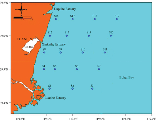 Figure 1. Map of the sampling sites in the present study. S1 to S19 were the typical ecosystem station in the south of the estuary Luanhe to Dapuhe.