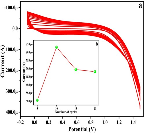 Figure 1. CV response for (a) electro polymerization of GA on UGCPS at −0.2 to 1.5 V potential window (b) number of cycles versus peak current.