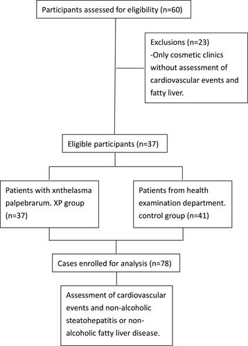 Figure 1 Flow chart of patient inclusion and exclusion. A total of 60 patients diagnosed with xanthelasma palpebrarum (XP) were initially assessed for enrollment in this study. Among them, 23 patients visited cosmetic clinics only and were excluded. Thirty-seven patients with XP were enrolled. Forty-one age- and sex-matched individuals from the health examination department were included in the control group.