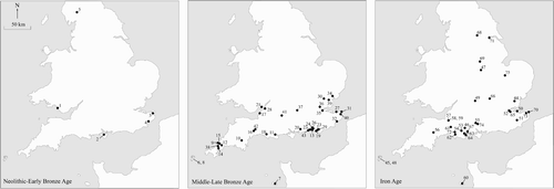 Figure 3 Sites with evidence for Celtic bean in Britain from the Neolithic to the Iron Age. The site numbers correspond to Appendix 1.