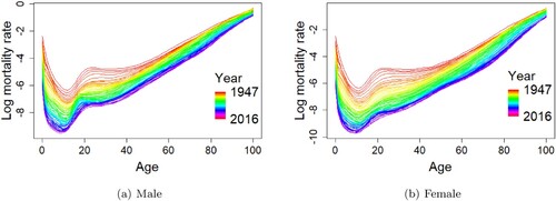 Figure 1. Smoothed log mortality rates for males and females from the year 1947 to the year 2016 in Japan, viewed as functional data curves with time-ordering indicated by the colours of the rainbow from red to violet. (a) Male (b) Female.