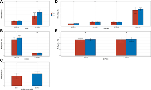 Figure 2 Methylation analyses of CpG islands of key genes promoter in patients with TB-DM and health subject. (A) Methylation analyses of two CpG islands of the VDR promoter in Peripheral blood mononuclear cells (PBMCs) from patients and Health subject. (B) Methylation analyses of two CpG islands of the DHCR7 promoter in Peripheral blood mononuclear cells (PBMCs) from patients and Health subject. (C) Methylation analyses of one CpG islands of the CYP27B1 promoter in Peripheral blood mononuclear cells (PBMCs) from patients and Health subject. (D) Methylation analyses of four CpG islands of the CYP27A1 promoter in Peripheral blood mononuclear cells (PBMCs) from patients and Health subject. (E) Methylation analyses of two CpG islands of the CYP2R1 promoter in Peripheral blood mononuclear cells (PBMCs) from patients and Health subject (*p < 0.05, **p < 0.01, ***p < 0.001, ****p < 0.0001, and ns refers to no significant).