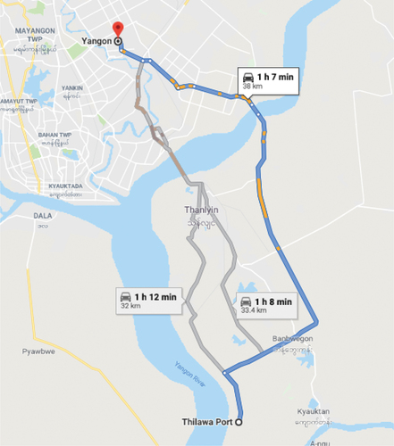 Figure 4. Google map recommended route from Yangon city centre to Thilawa Harbour in Myanmar.