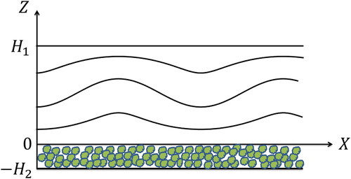 Fig. 1. A diagram showing the configuration, with internal waves above a permeable bottom layer.