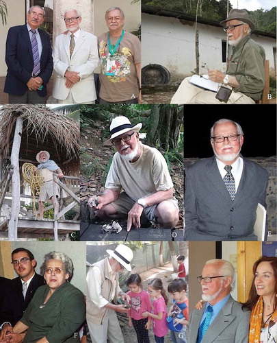 Figure 1. A. Mexican mycologists Rubén López, Gastón Guzmán, and Joaquín Cifuentes (left to right) at the XI Mexican Mycological Congress, Mérida, Yucatán, October 2015 (photo Rosalba Vázquez). B–H. Gastón Guzmán. B. At Rancho del Cura, near Huautla de Jiménez, Oaxaca, taking notes on hallucinogenic mushrooms, August 2013 (photo Eduardo Fanti). C–D. In Mismaloya, Jalisco, July 2012 (photos Gabriela Guzmán). E. At the IX Mexican Mycological Congress after the opening ceremony near the beach, Ensenada, Baja California, October 2006 (photo Fortunato Garza). F. With his mother, Concepción Huerta, the day he received his bachelor’s degree in 1959 (photo anonymous). G. Showing mushrooms to children in Puerto Vallarta, Jalisco, July 2012 (photo Gabriela Guzmán). H. With his daughter Laura Guzmán-Dávalos at the IX Mexican Mycological Congress, Ensenada, Baja California, October 2006 (photo Fortunato Garza).