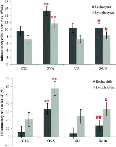 Figure 1. Effect of UD extract on inflammatory cells in serum and BALF. **: p values < 0.01 were considered statistically significant compared to control rats; #: p values < 0.05 were considered statistically significant compared to OA sensitized rats; ##: p values < 0.01 were considered statistically significant compared to OA sensitized rats.