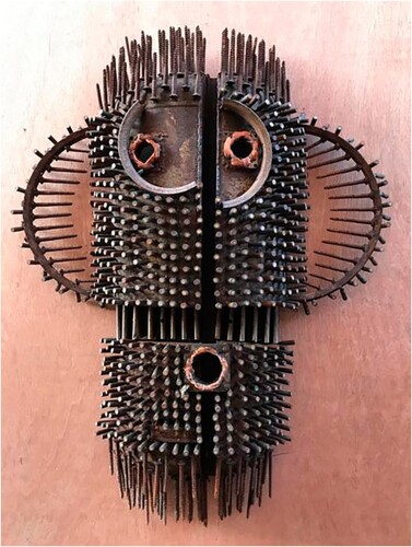 Figure 5. Gonçalo Mabunda (Maputo, 1975) Máscara Recycled war materials; 123 × 95 × 20 cm Kur Art Gallery, London, 2019. Source: Image courtesy of Kur Art Gallery (copyright and with permission of the artist).