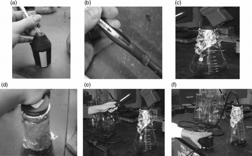 Figure 2 Equipment and steps in testing: (a) the ends of each Dräger tube were removed using a tube opener, (b) the opened tube was inserted into the pump, (c) HMA mix samples were weighed and poured into 2000 ml borosilicate glass Erlenmeyer flasks, (d) a rubber stopper was placed over the top of the flask and pushed down through the foil seal, (e) an open Dräger tube, already positioned in the pump, was placed into the stopper hole and pumping was started and (f) 10 pumps were used for each emission measurement, and CO2 concentration readings were taken at the end of the indicator discolouration to the nearest 50 ppm.