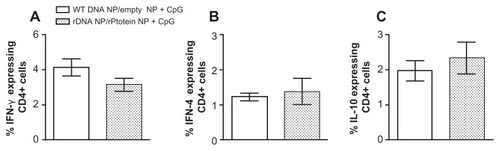 Figure 8 Intracellular cytokine production by CD4+ and CD8+ T cells in mice immunized with the recombinant nanoparticle formulations, following a live challenge with parasites.Notes: Control BALB/c mice were immunized with non-recombinant pcDNA3-loaded nanoparticles followed by unloaded nanoparticles + CpG (open bars). Experimental BALB/c mice were immunized with pcDNA3-KMP-11-loaded nanoparticles followed by recombinant KMP-11-loaded nanoparticles + CpG (closed bars). Two weeks after the last immunization, mice were infected with Leishmania braziliensis + salivary gland sonicate. Five weeks after infection, draining lymph node cells were restimulated in vitro. Data (mean ± standard error) represent the percentages of CD4+ cells secreting IFN-γ, (A), IL-4 (B), or IL-10 (C) and are from two independent experiments.Abbreviations: KMP-11, kinetoplastid membrane protein-11; IFN-γ, interferon gamma; tumor IL-10, interleukin-10; IL-4, interleukin-4; WT DNA, nonrecombinant pcDNA3; rDNA, pcDNA3-KMP-11.