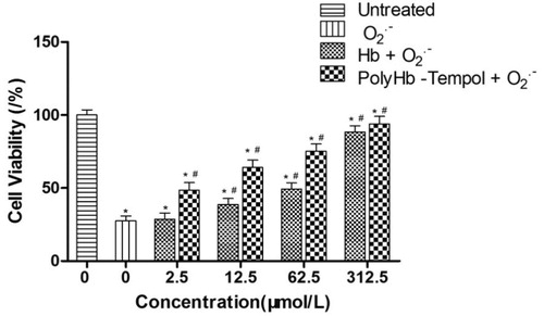 Figure 8. Viability of following treatment of endothelial cells with xanthine/xanthine oxidase to induce O2• -. Endothelial cell viability was assessed using an MTT assay. Data is mean ± SD of five independent experiments, *p < .05 versus untreated control values, #p < .05 versus O2• - control values.