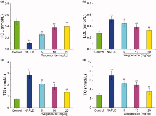 Figure 4. Effects of wogonoside on the serum HDL (a), LDL (b), TG (c) and TC (d) contents in NAFLD mice. Values are expressed as mean ± SD, n= 10. Compared with the control group: **p< 0.01; Compared with NAFLD group: #p< 0.05, ##p< 0.01.