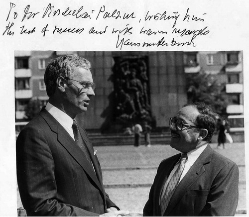 Figure 1. The Dutch Minister of Foreign Affairs, Hans van den Broek, and the Israeli chargé d'affaires, Mordechai Palzur, at a ceremony at the monument to the Warsaw Ghetto Uprising, 1987. In 1990, Palzur became Israel's first ambassador to Warsaw since the severance of relations in 1967. Text: “To Mr. Mordechai Palzur, wishing him the best of success and with warm regards, Hans van den Broek.” Reproduced by permission of Mr. Mordechai Palzur, Jerusalem.