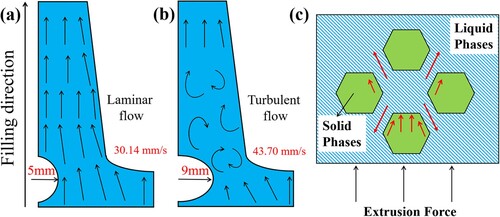 Figure 8. The filling schematics of hypereutectic Al–Si alloy samples: (a) D5; (b) D9; (c) flow condition of liquid phase between adjacent solid phases.