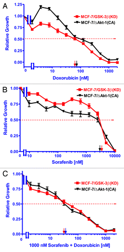 Figure 5. Ability of Sorafenib to reduce the resistance of MCF-7/GSK-3β(KD) and MCF-7/ΔAkt-1(CA) cells to doxorubicin. (A) Doxorubicin, (B) sorafenib, (C) doxorubicin and 1000 nM sorafenib. The effect of doxorubicin, sorafenib or the combination of doxorubicin plus 1000 nM sorafenib were examined by MTT analysis after incubation of the cells in the indicated concentrations of the drugs. The dotted arrow represents where 50% inhibition of growth intercepts with the x-axis and is used to estimate the IC50. Symbols: MCF-7/GSK-3Δ(KD), red squares with red lines, MCF-7/ΔAkt(CA), black upside down triangles with black lines.