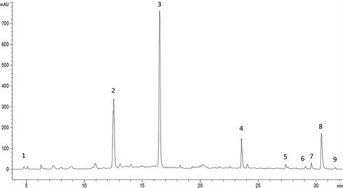 Figure 1. HPLC chromatogram of a purified methanolic extract of pomegranate peel. Peaks recorded at 258 nm correspond to; 1: punicalin; 2: α-punicalagin; 3: β-punicalagin; 4, 5, 6, 7, and 9: ellagic acid derivatives; 8: ellagic acid