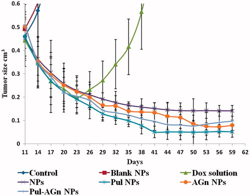 Figure 8. Tumor growth suppression in mice treated with Dox formulations (mean ± S.D.; n = 6).