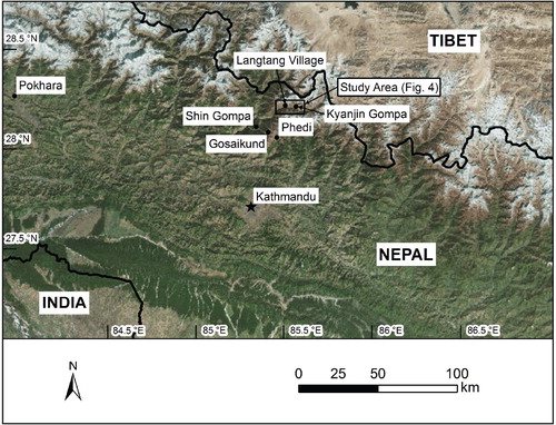 FIGURE 3. The lichen Rhizocarpon geographicum was found above 3532 m a.s.l. east of Langtang Village, above 4080 m a.s.l. west of Gosaikund, and above 3760 m a.s.l. west of Phedi.